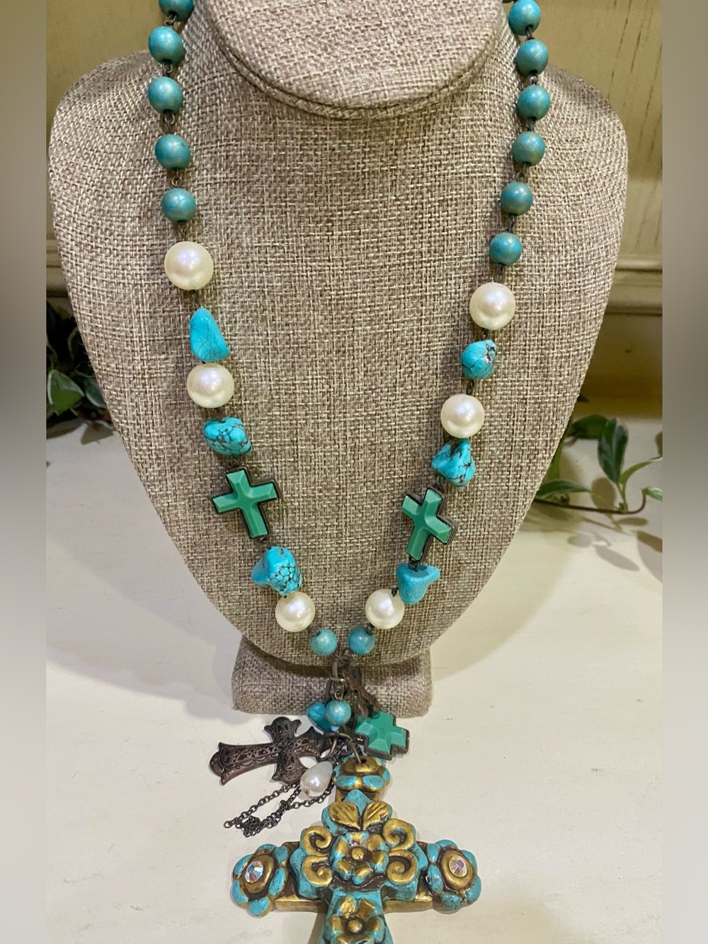 Sookie Sookie Turquoise Pearl Large Clay Cross Necklace Boho Western 14”
